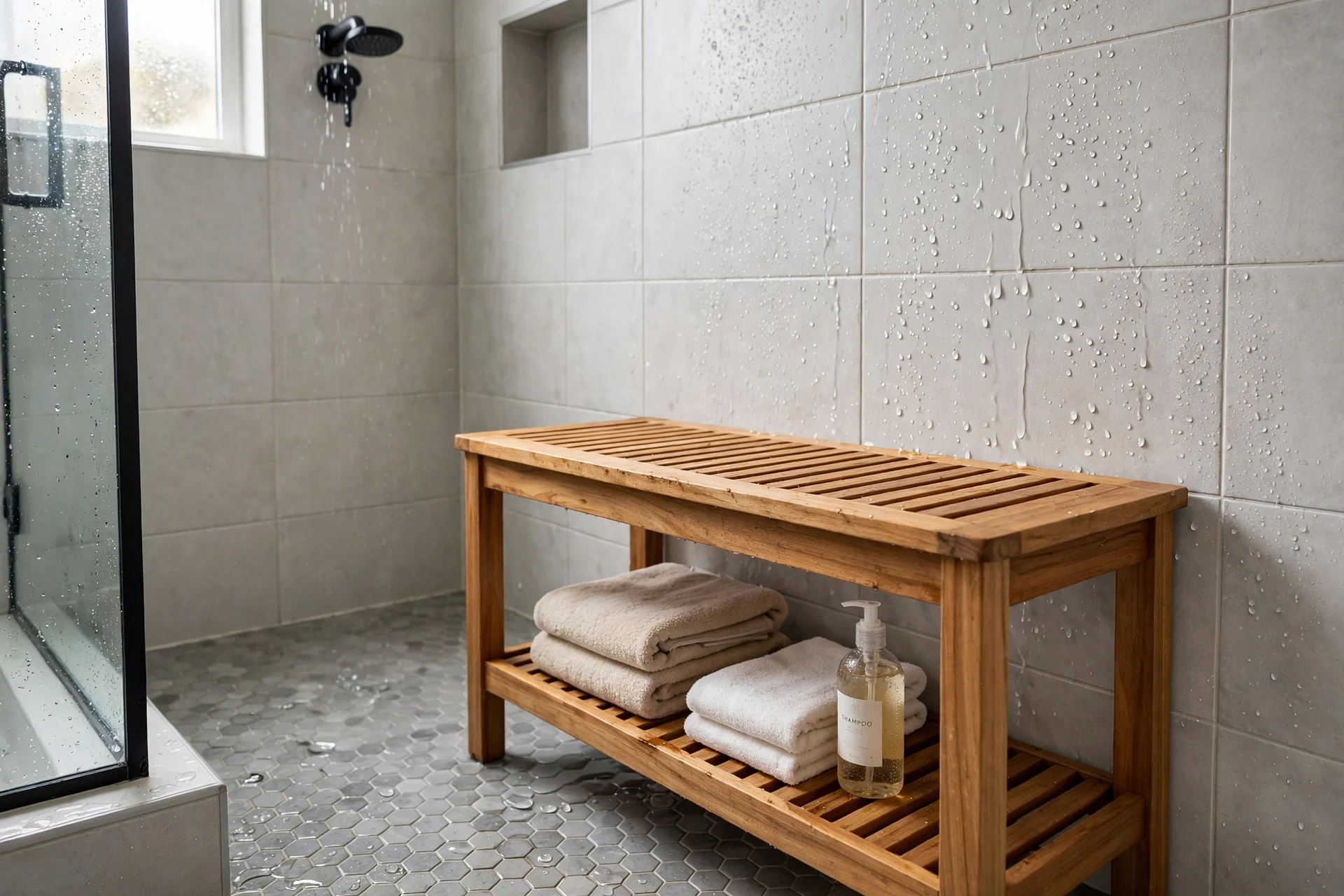 Teak shower bench with a lower shelf in a walk-in shower
