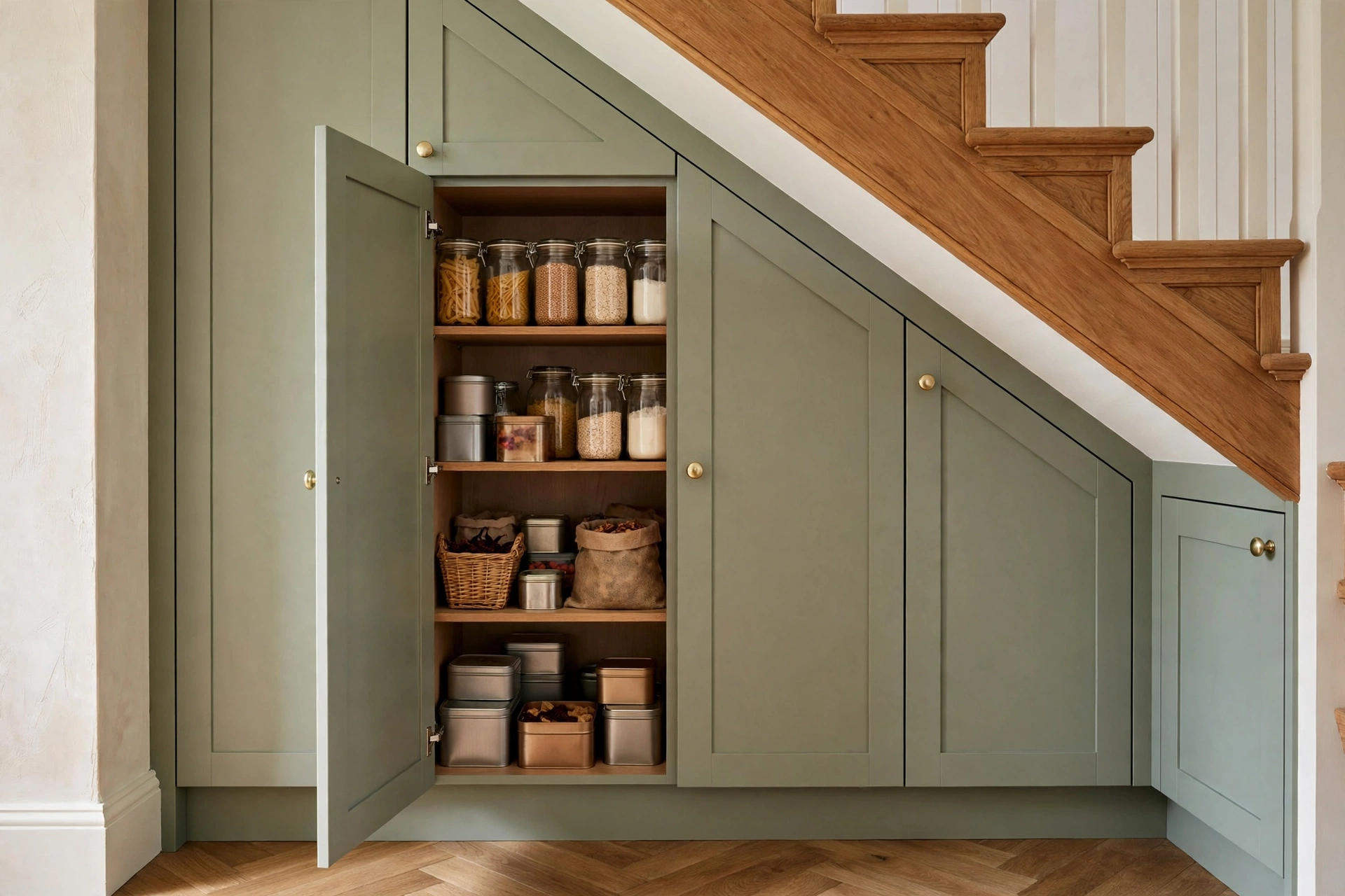Under-stair pantry cabinets holding food and kitchen overflow