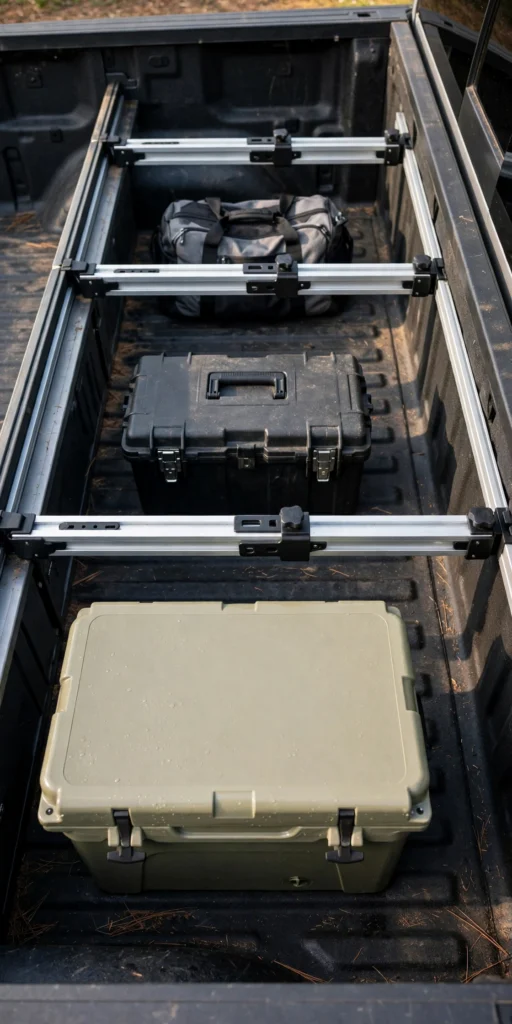 Adjustable bed divider bars creating zones in a truck bed