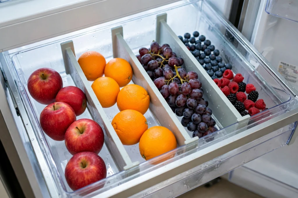 A fridge drawer divided into sections for fruit and vegetables