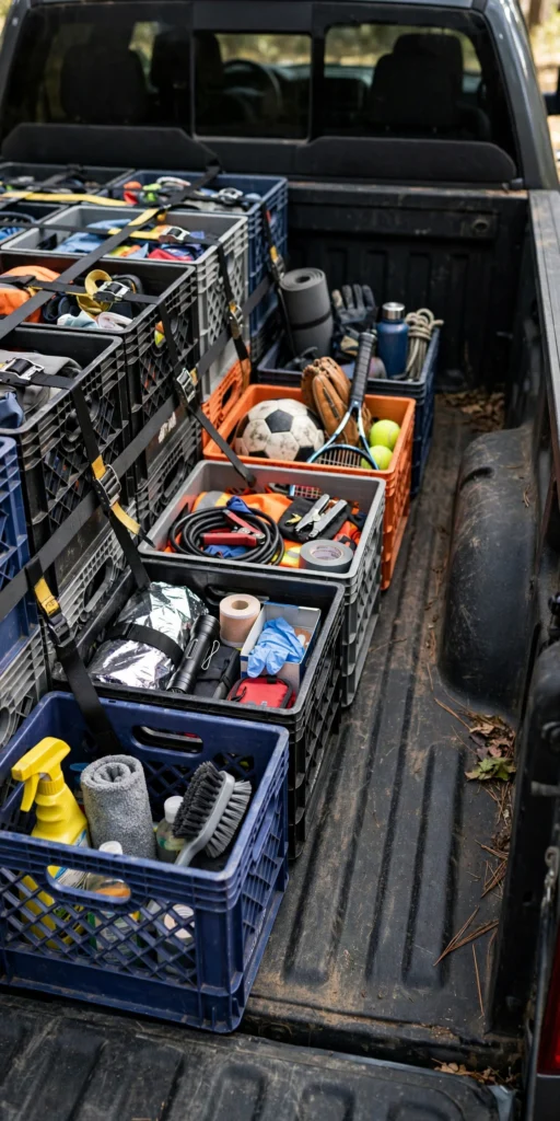 Milk crate modular storage wall in a truck bed