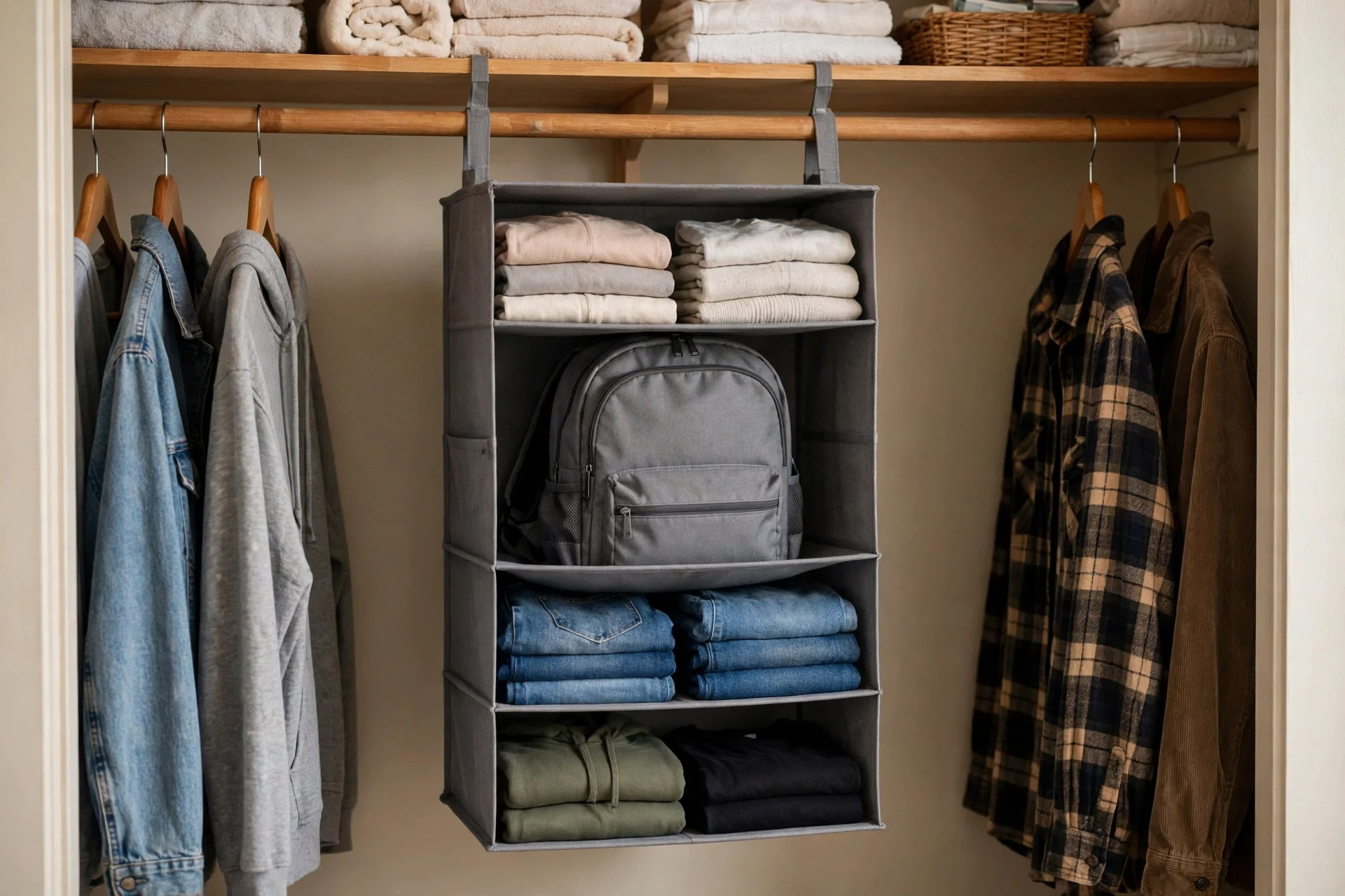 Hanging closet organizer holding a backpack in a closet
