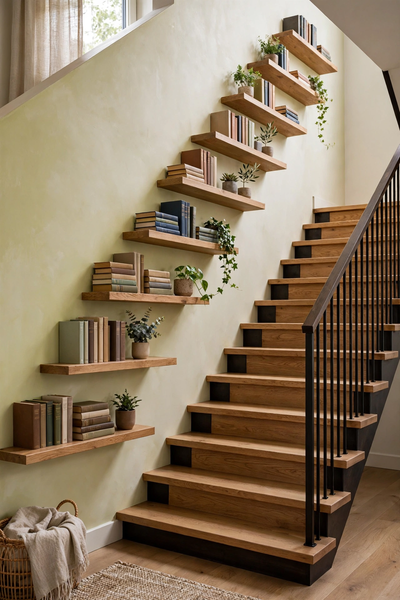 Floating shelves climbing up a stairwell wall with books and plants