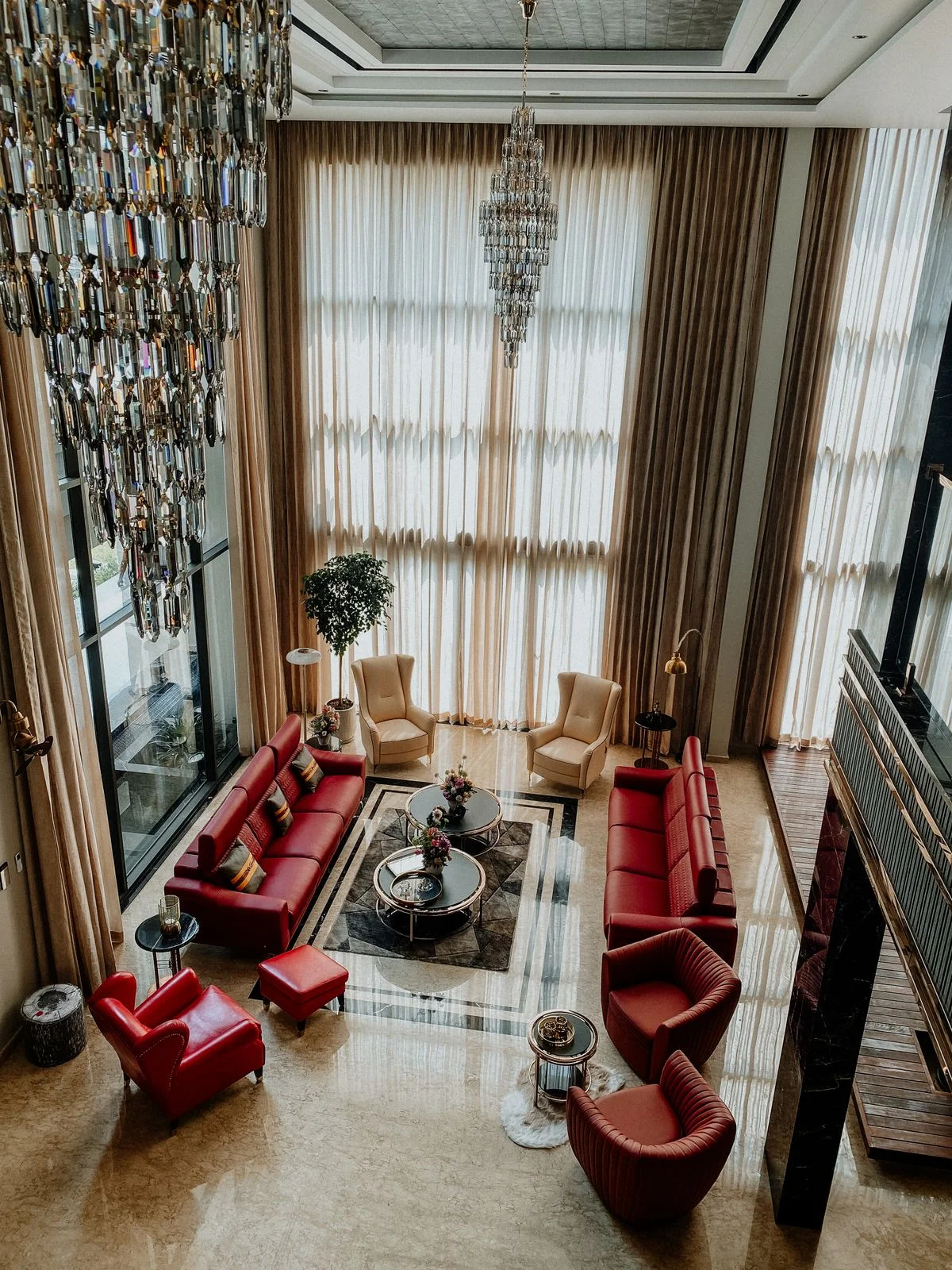 Chandelier hanging in a traditional living room