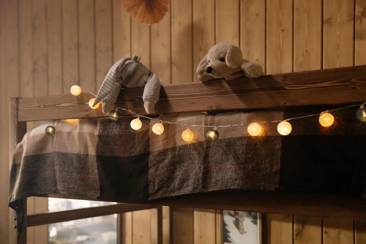 String lights in a cozy dorm living room