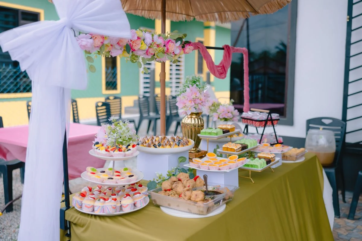 Garden party dessert table with cake stand display