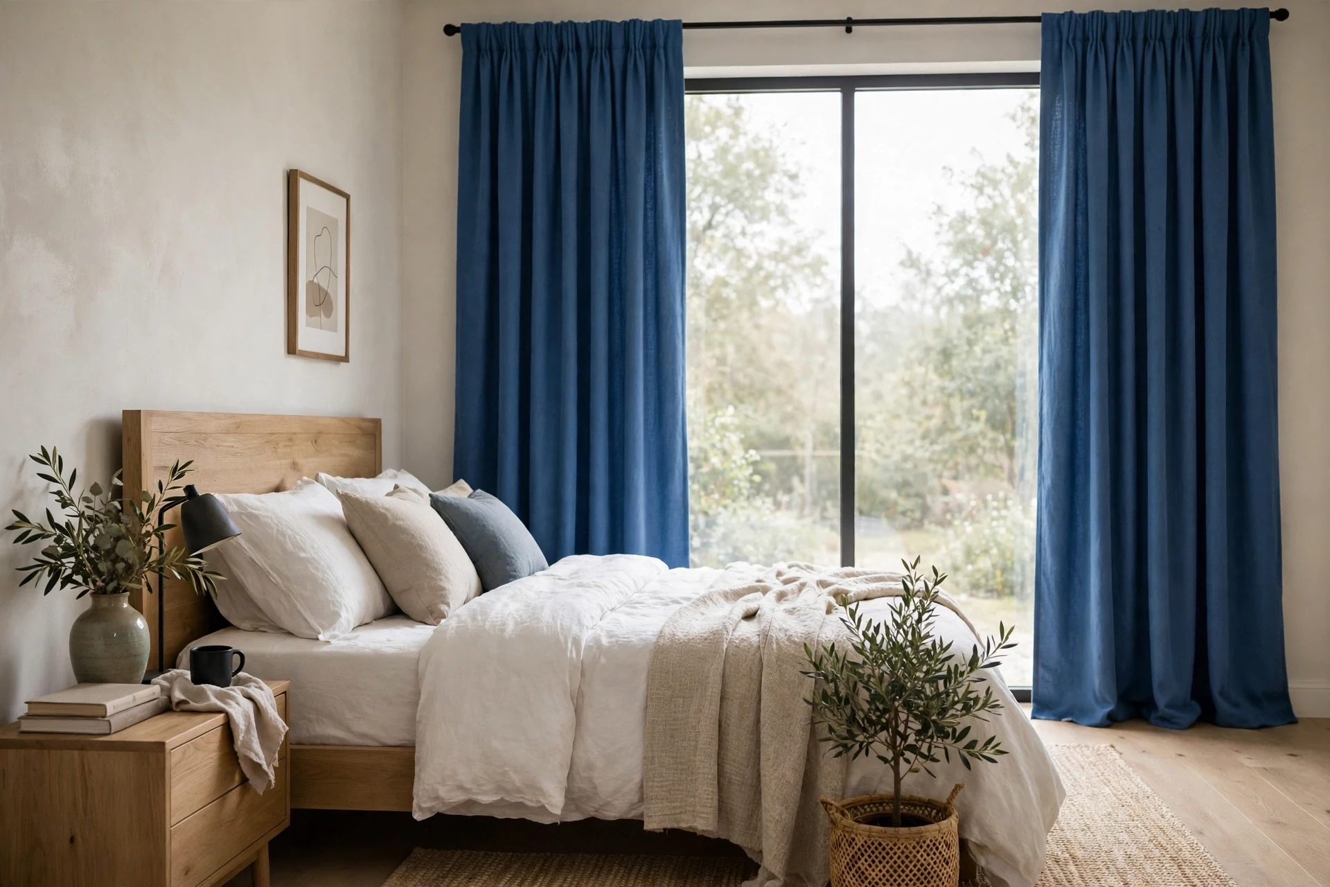 Blue curtains framing a bedroom window