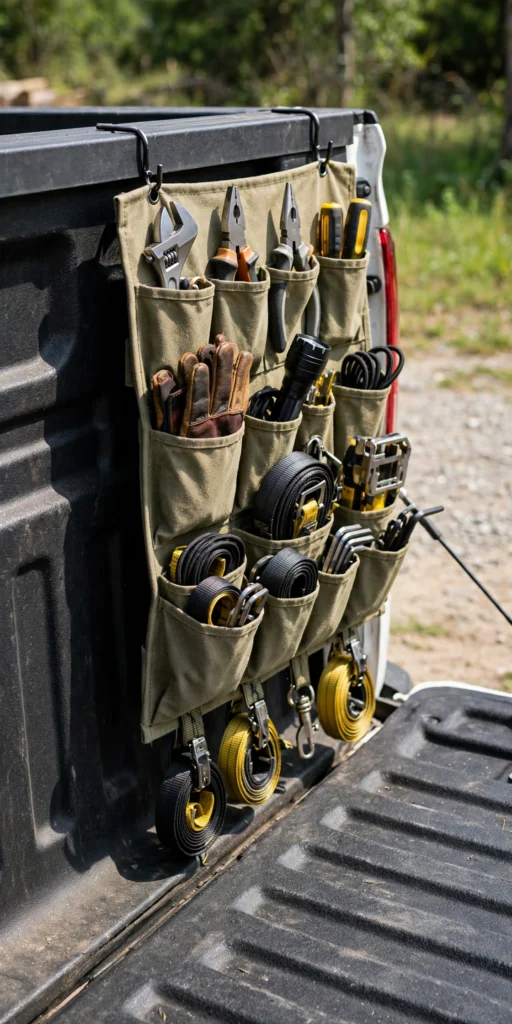 Hanging bedside pocket organizer on a truck bed wall