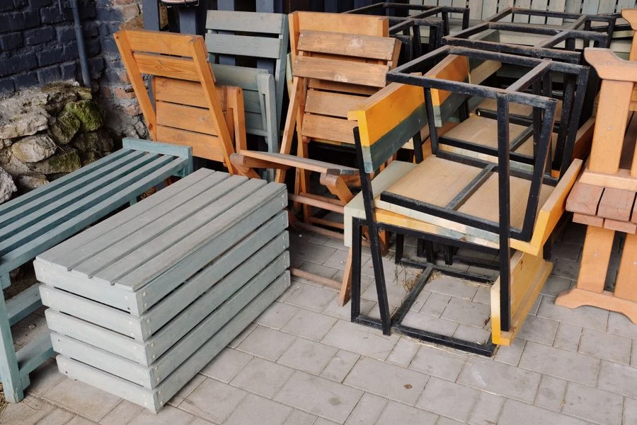 Outdoor storage bench on a patio for toys and seating