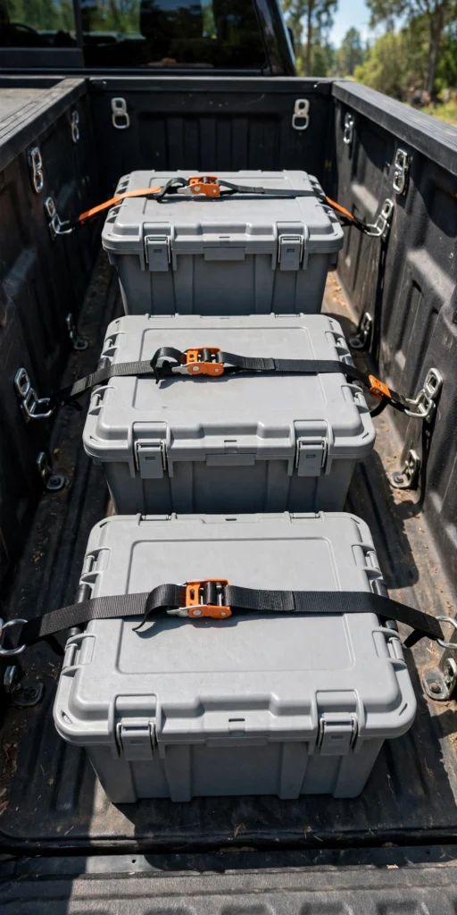 Weatherproof storage totes strapped down in a truck bed