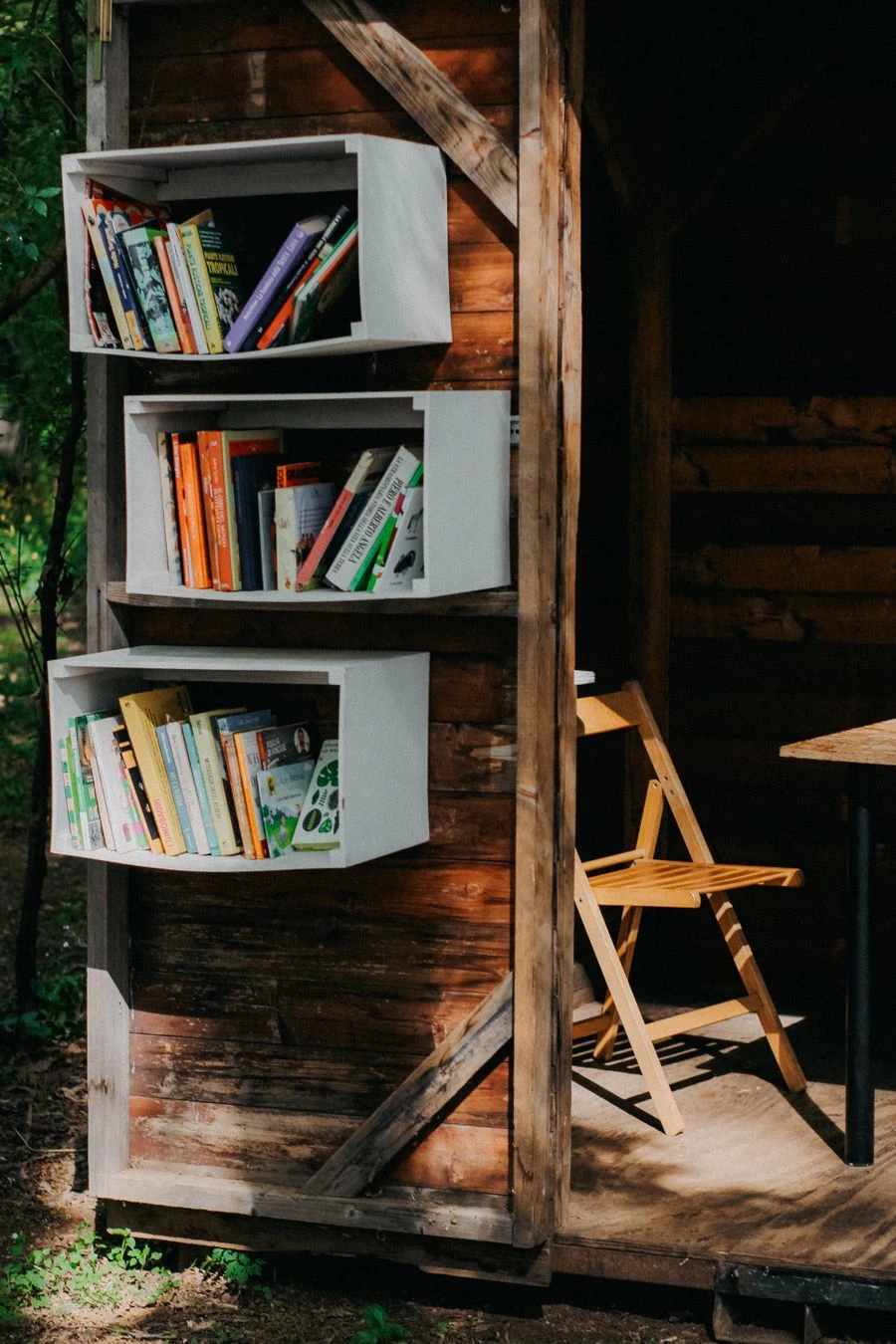 Corner shelves fitted in a garden shed