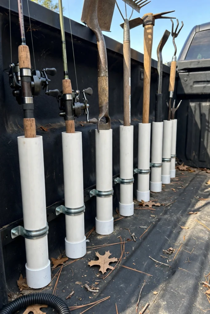 PVC pipe tubes storing fishing rods and long tools in a truck bed