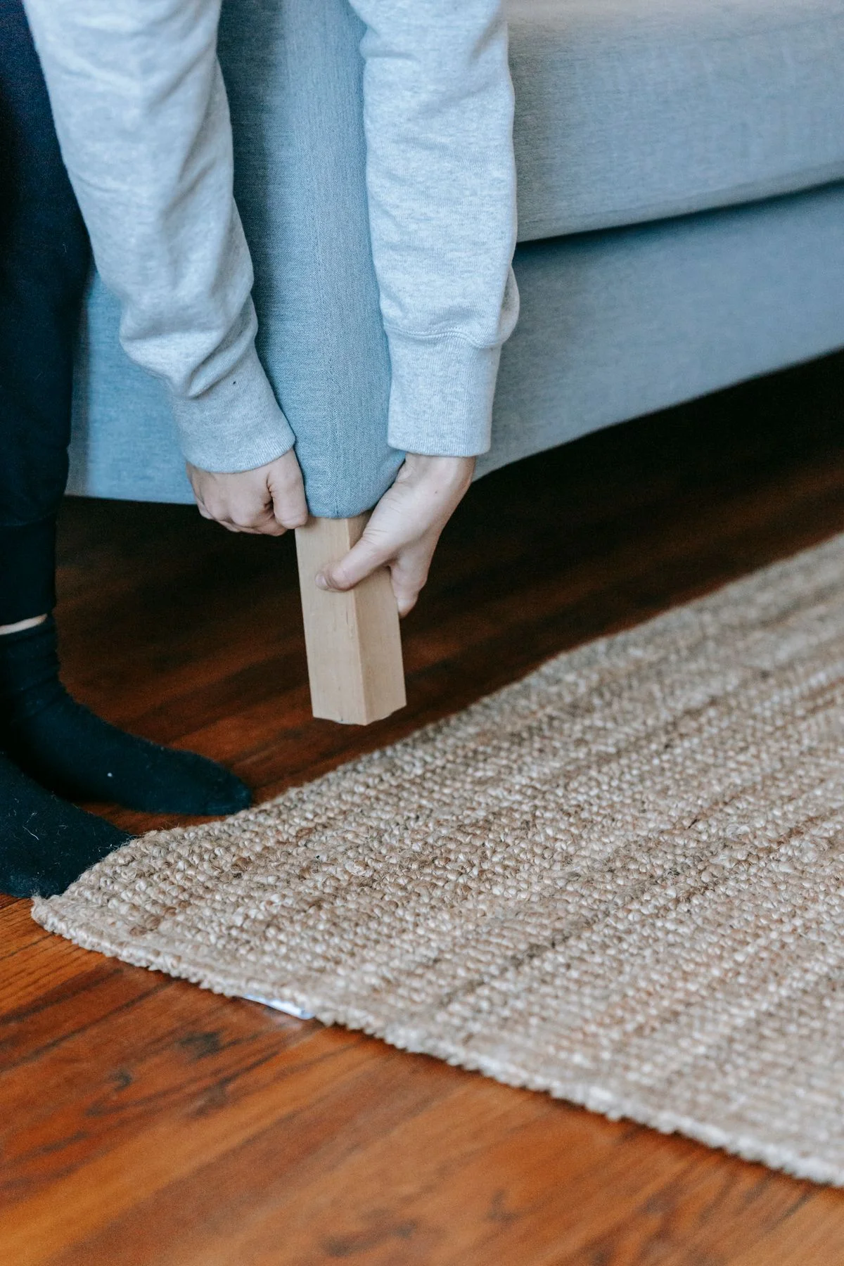 Natural jute area rug in a farmhouse living room