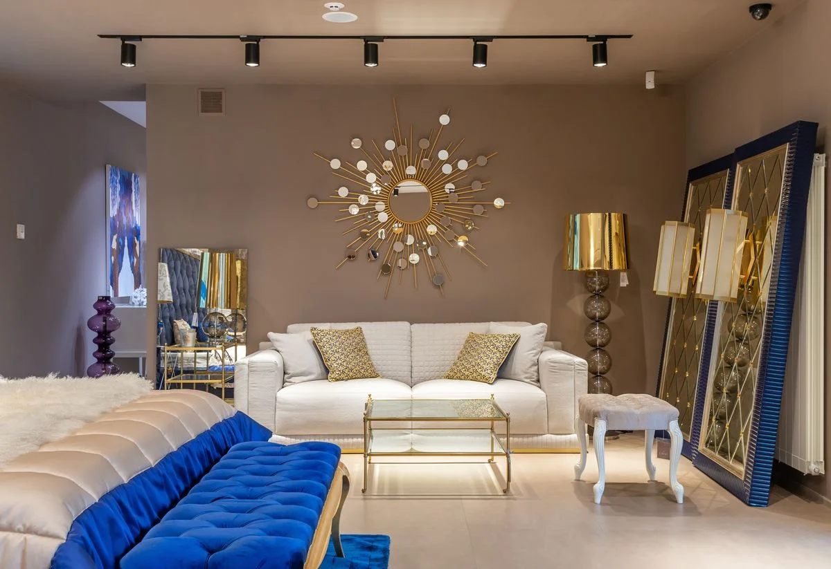 Blue and gold accents in a stylish living room