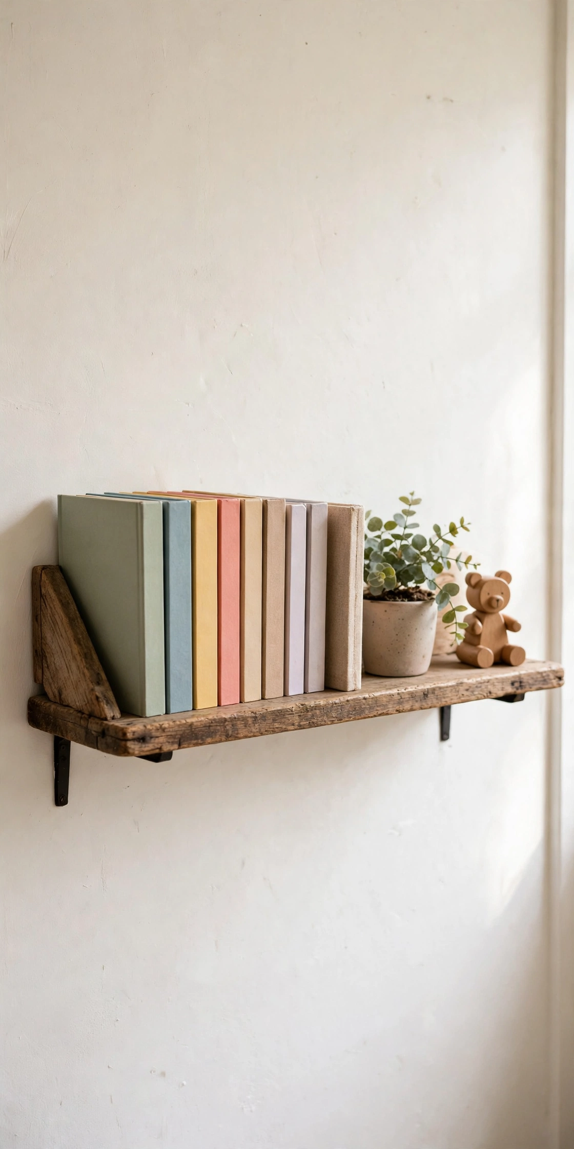 Repurposed wall shelf display for kids books