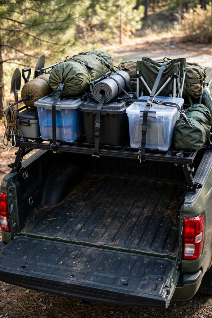 DIY truck bed rack with hanging storage bins