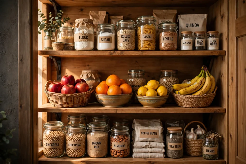 An organised pantry shelf with clear jars and containers