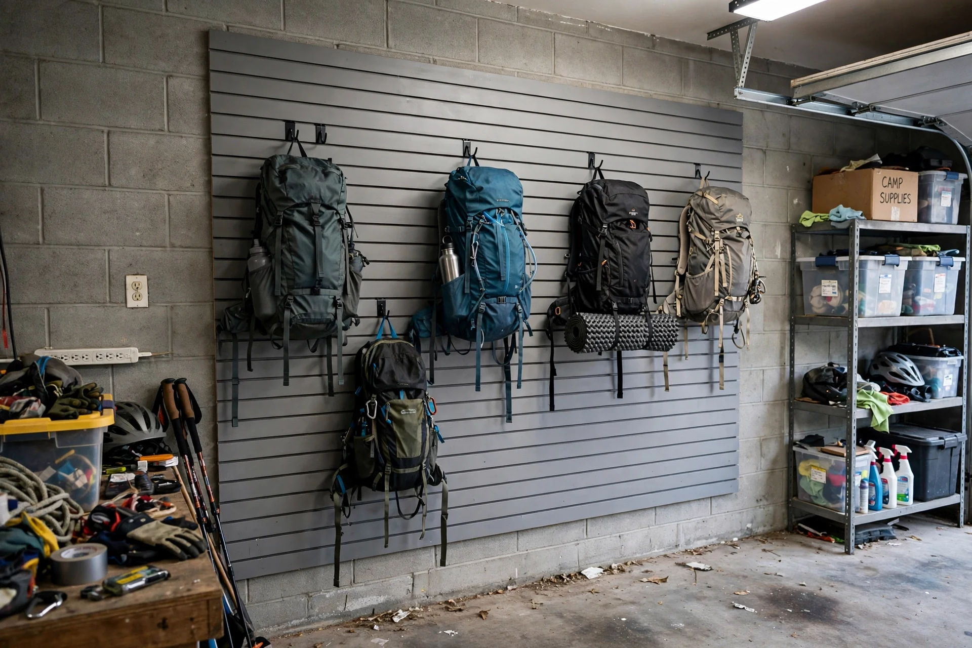 Backpacks hanging on garage slatwall hooks