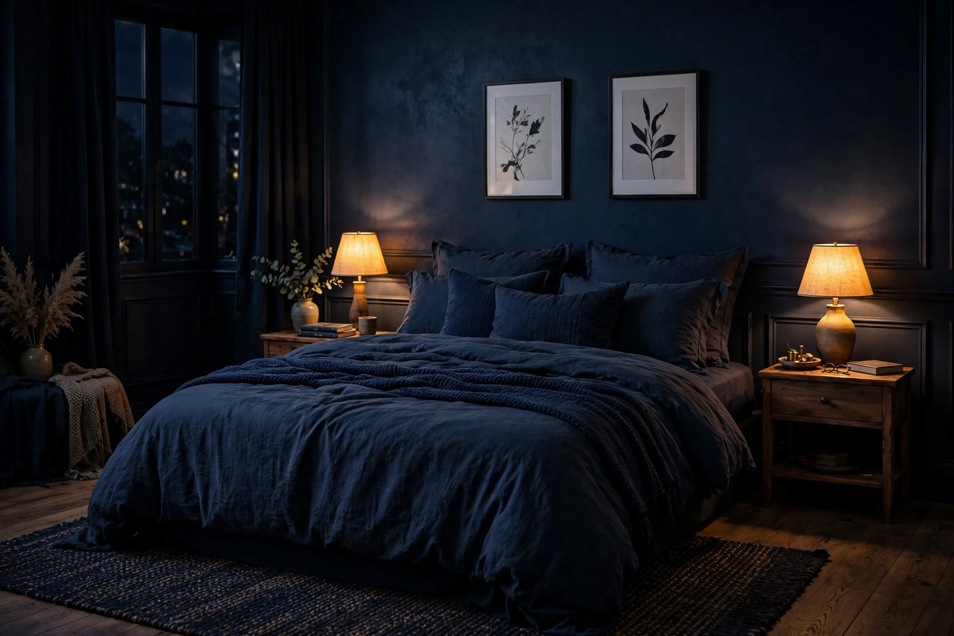 Dark moody navy bedroom with warm lighting