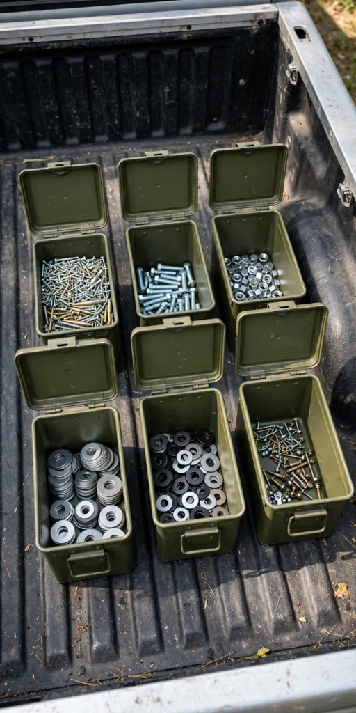 Repurposed ammo cans used for small parts storage in a truck