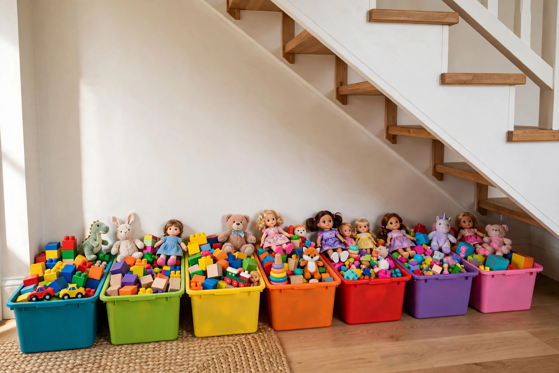 Toy storage bins lined up under a staircase for family homes
