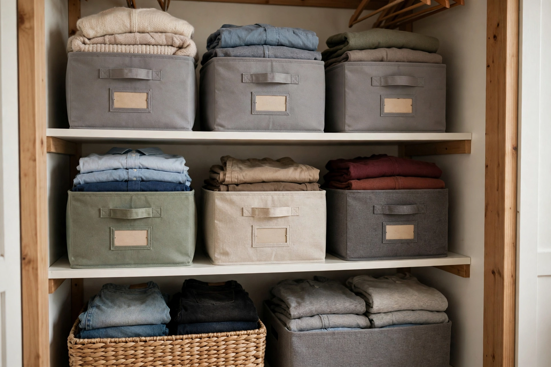 Labelled bins organizing a closet by category