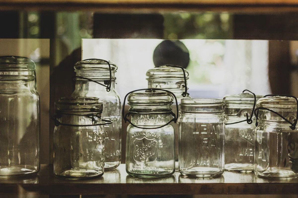 Mason jar decor with candles in a farmhouse living room