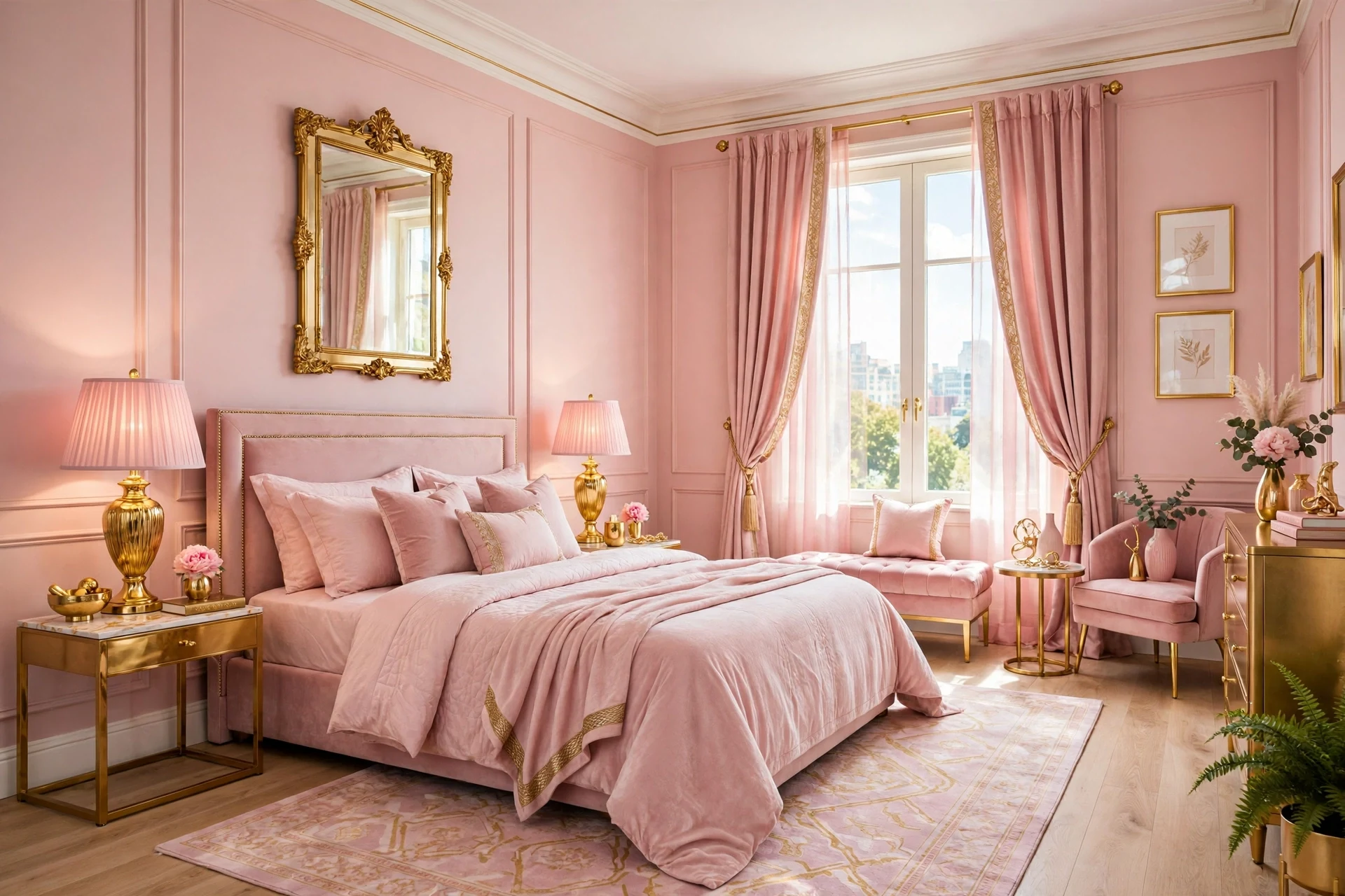 Pink and gold glam bedroom with elegant accents
