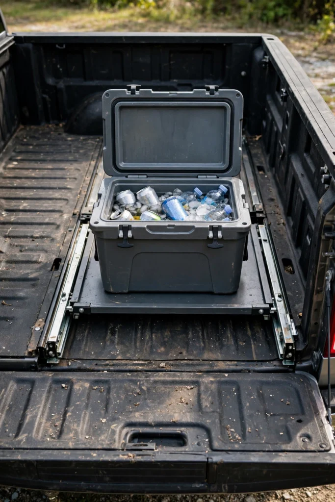 Cooler slide-out tray at the rear of a truck bed