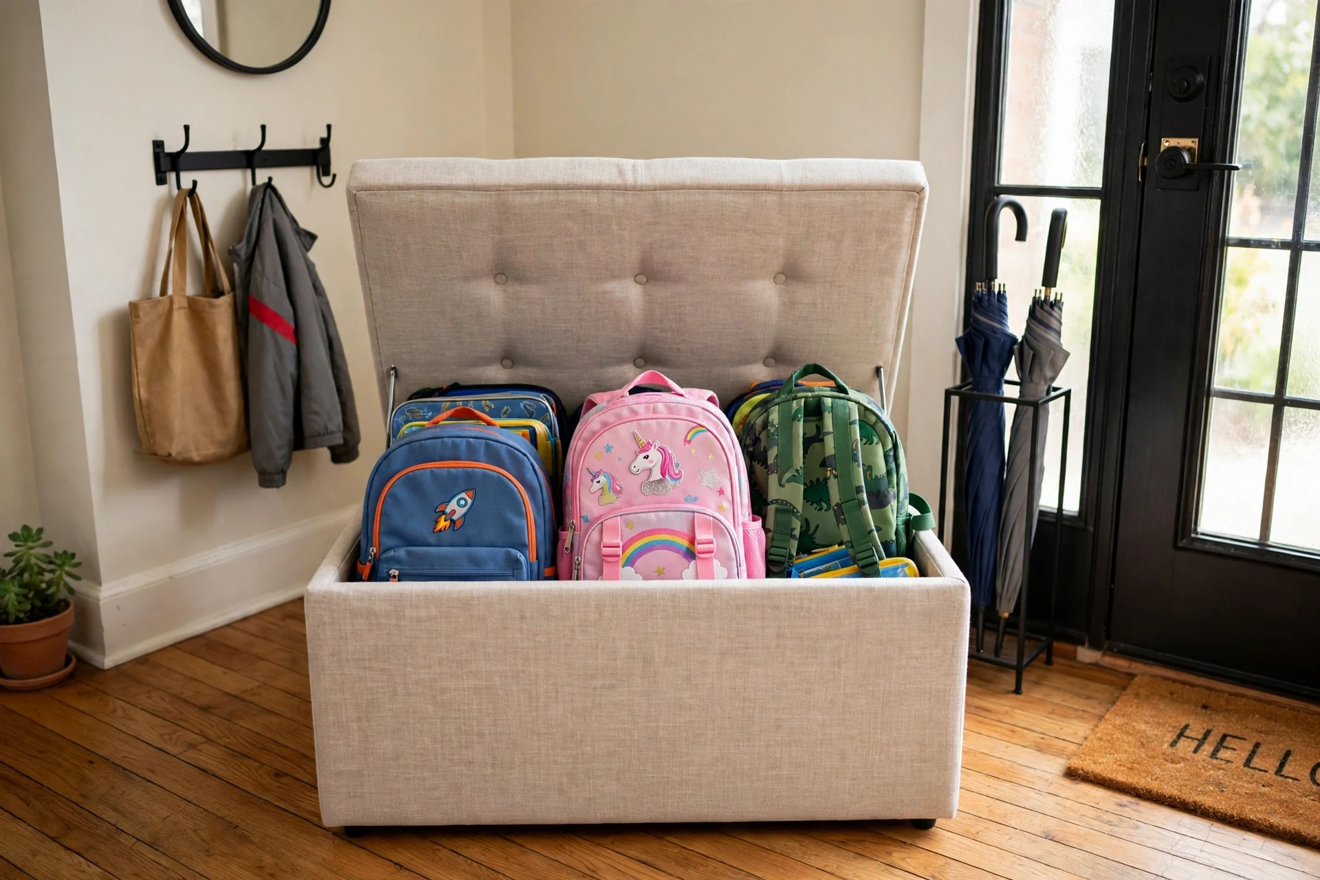 Storage ottoman holding school bags in a living room