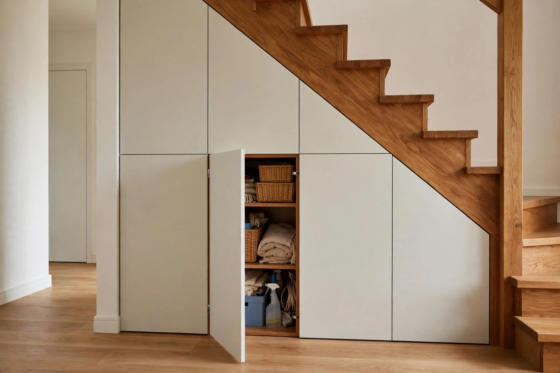 Under-stair cabinets with push-to-open doors and no handles