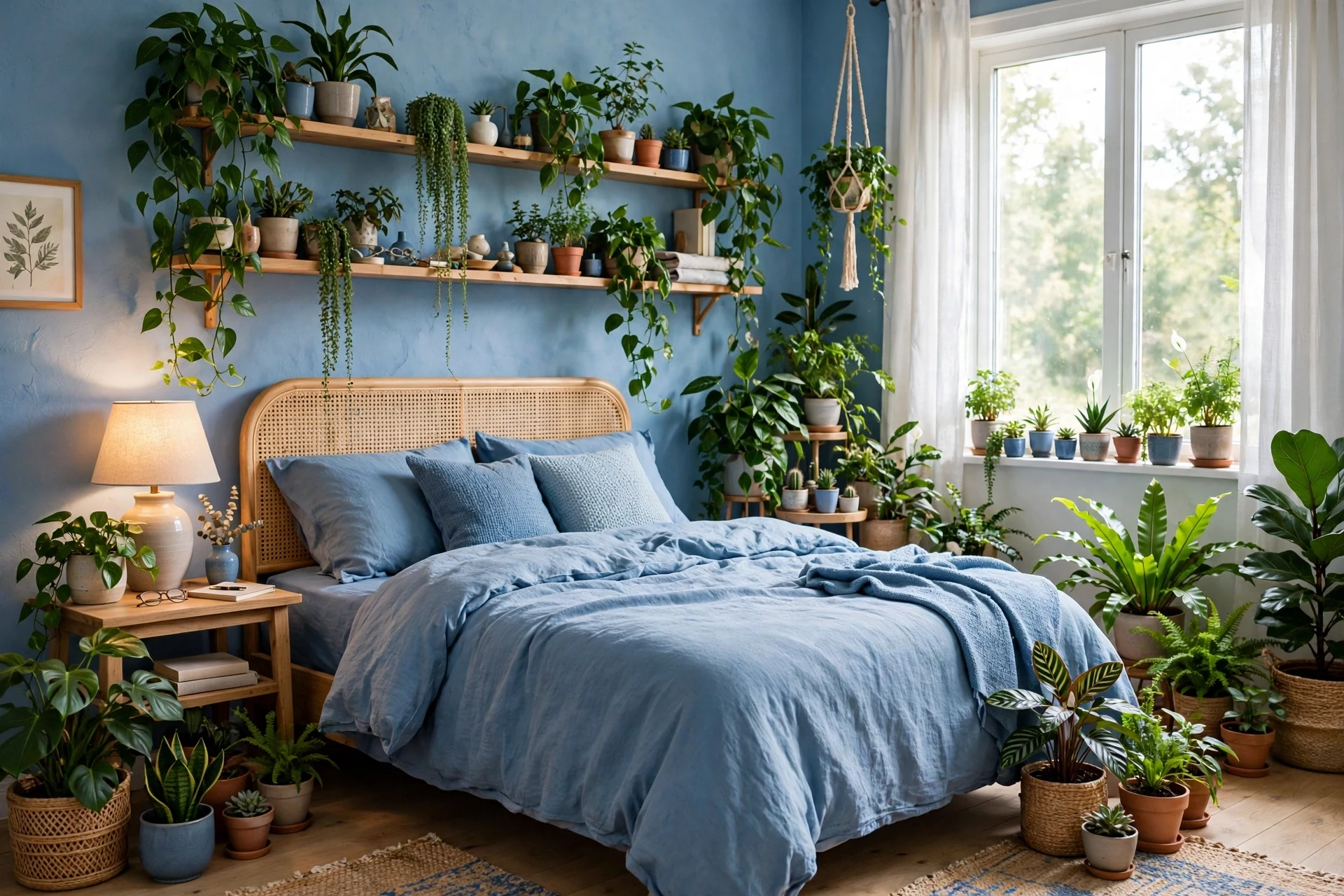 Blue bedroom decorated with green indoor plants