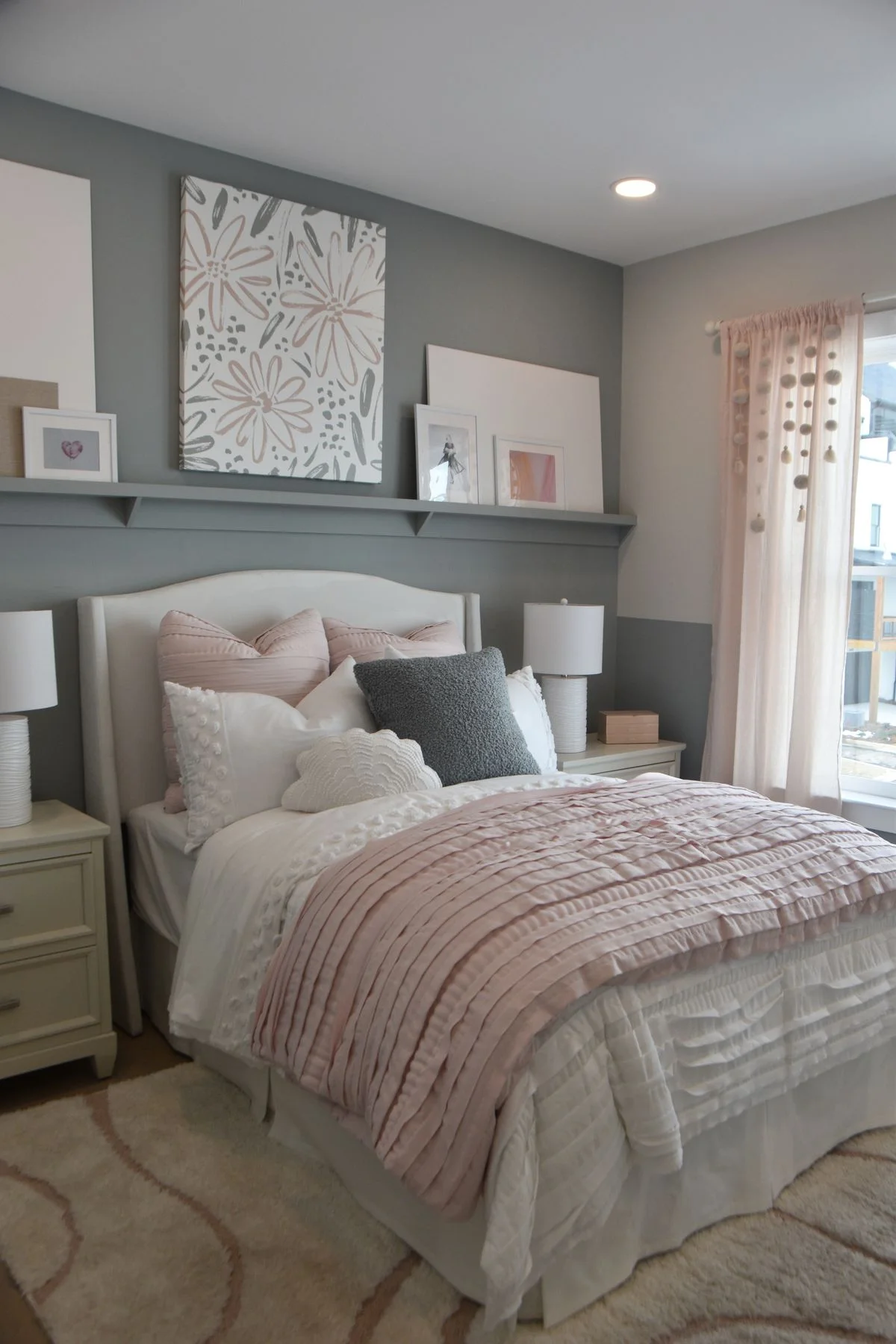Pink and grey modern bedroom with clean lines