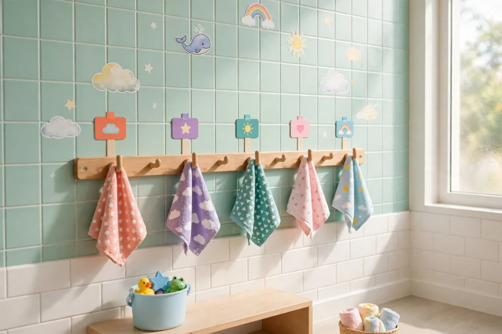Low hook rail with labeled hooks for kids towels