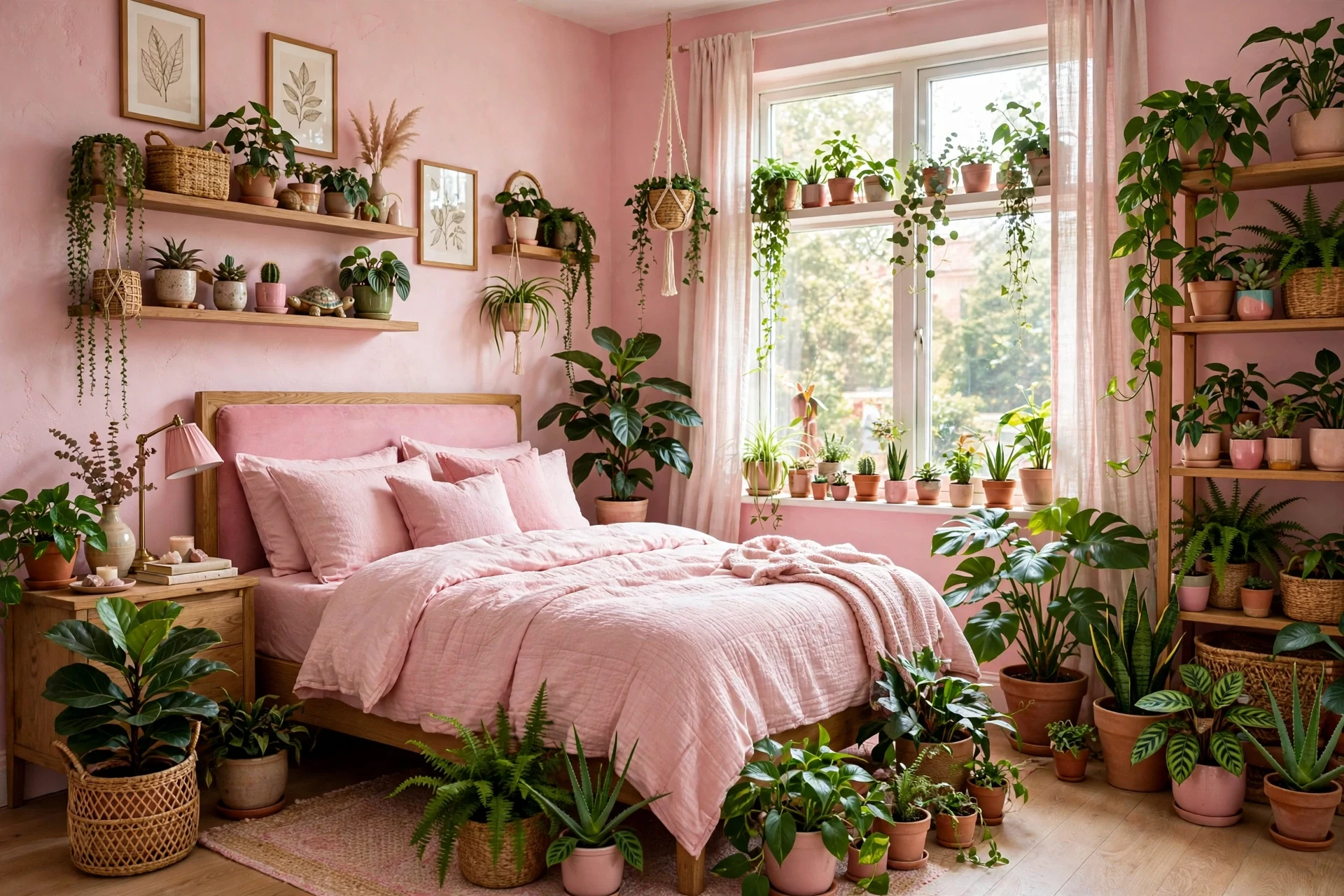 Pink bedroom decorated with green indoor plants