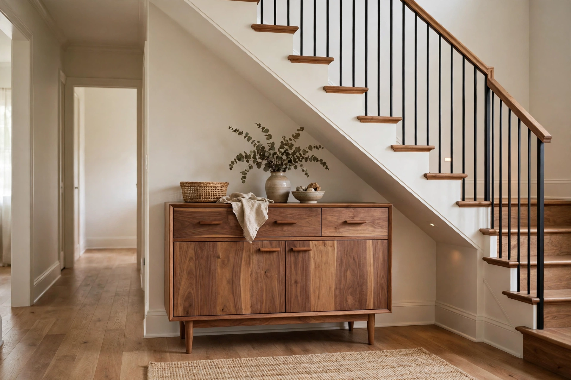 Freestanding sideboard cabinet at the base of a staircase
