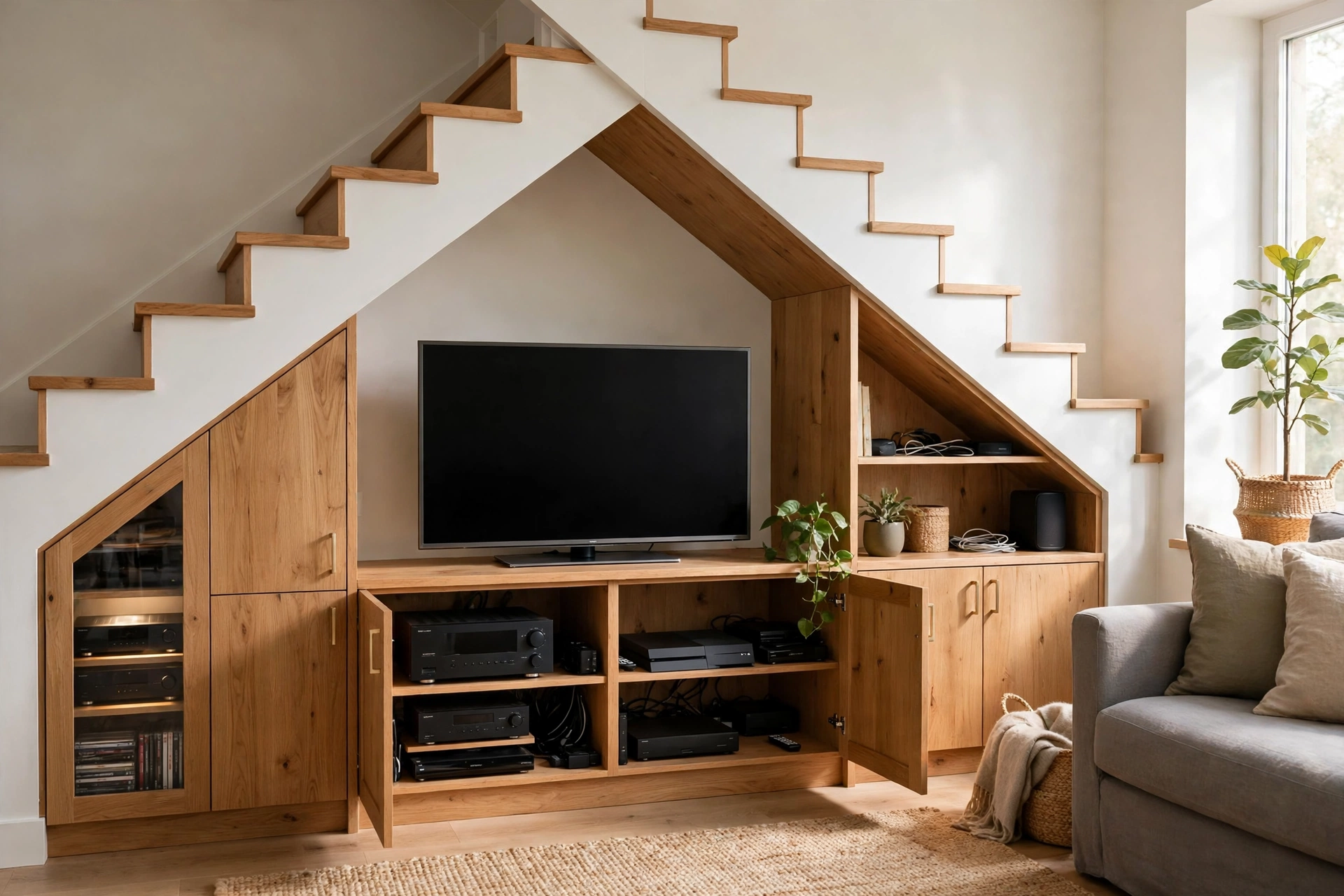Under-stair media cabinets holding a television and consoles