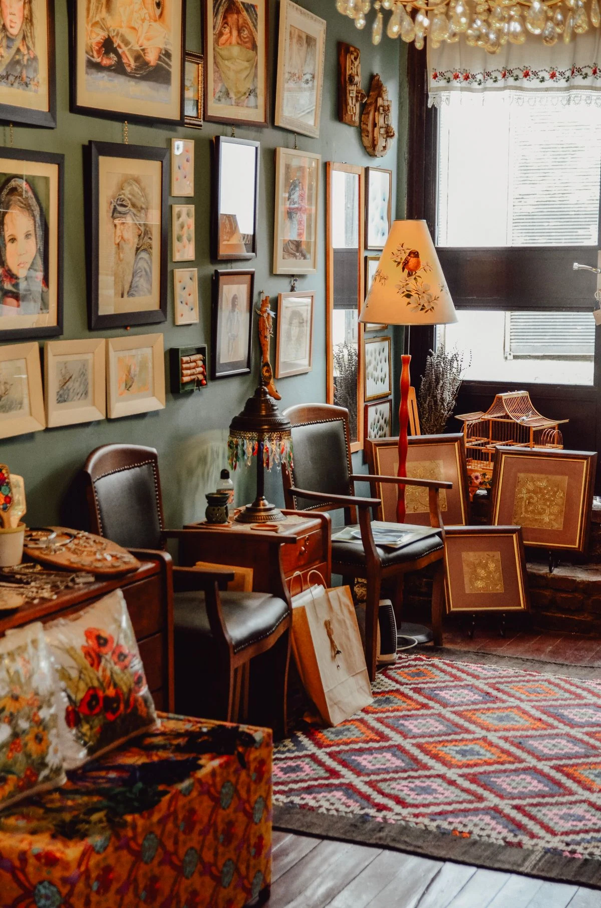 Vintage and thrifted decor in a boho living room