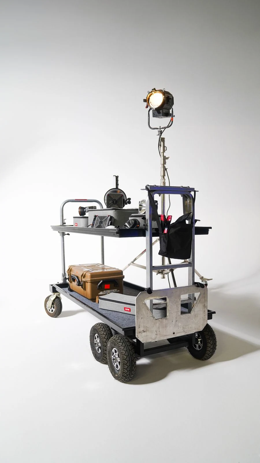 Rolling tool cart in a garden shed workshop