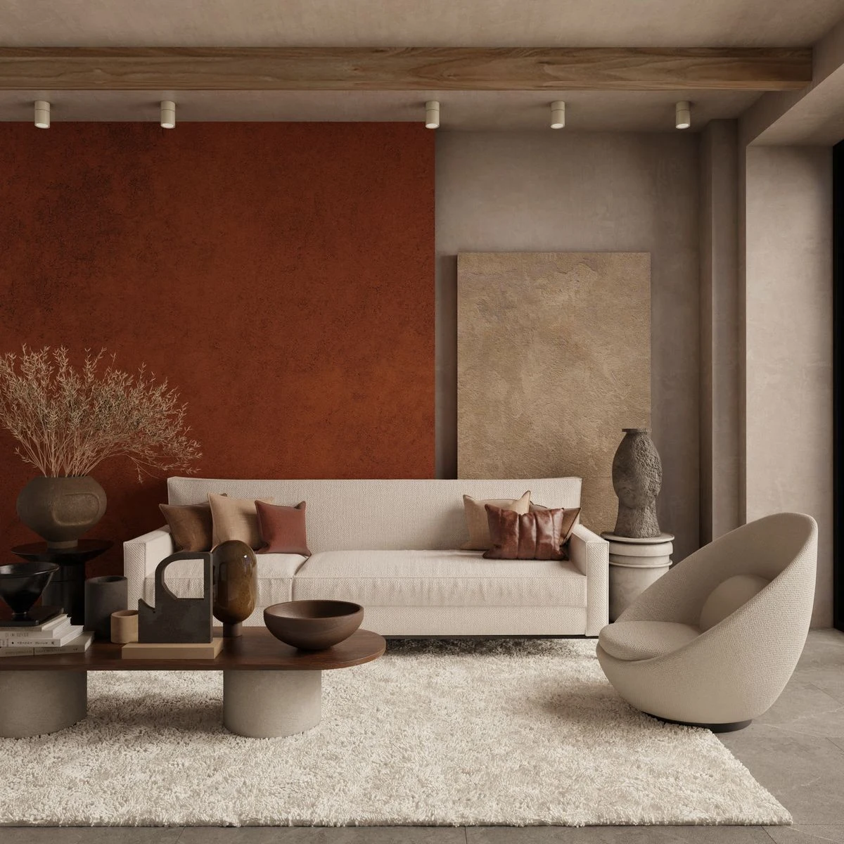 Earthy terracotta and cream palette in a boho living room