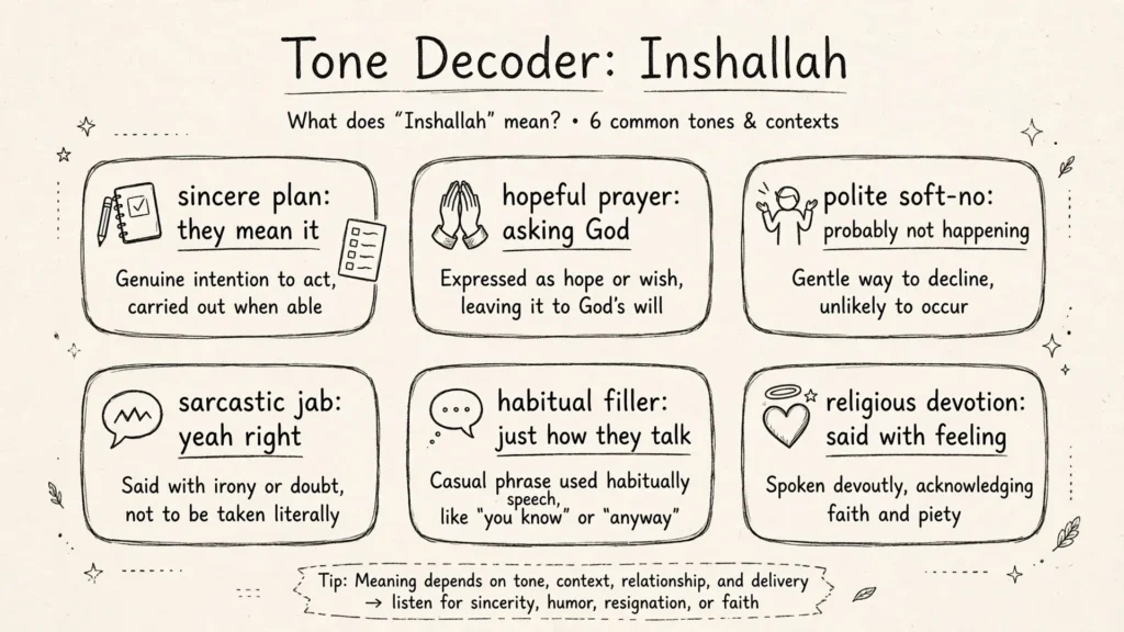 Flowchart diagram decoding the tone of inshallah across six everyday contexts, from sincere plans to polite soft refusals