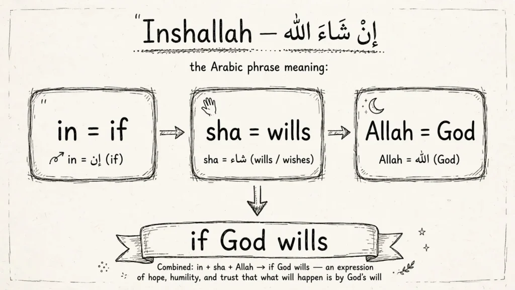 Diagram breaking the Arabic phrase inshallah into its three words: in meaning if, sha meaning wills, and Allah meaning God