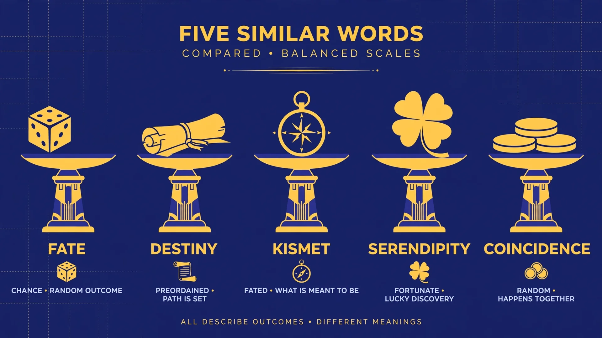 Diagram comparing kismet, fate, destiny, serendipity, and coincidence