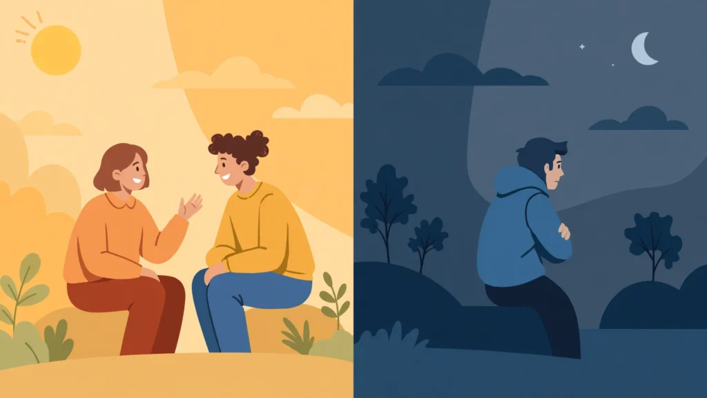 Illustration contrasting a warm friendly conversation with a cold guarded mood