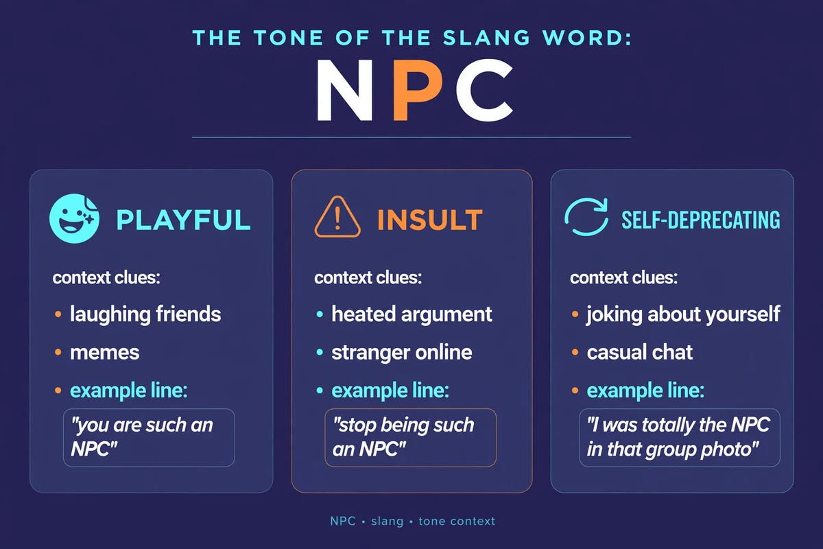 Diagram showing the three tones of the NPC slang term: playful, insult, and self-deprecating