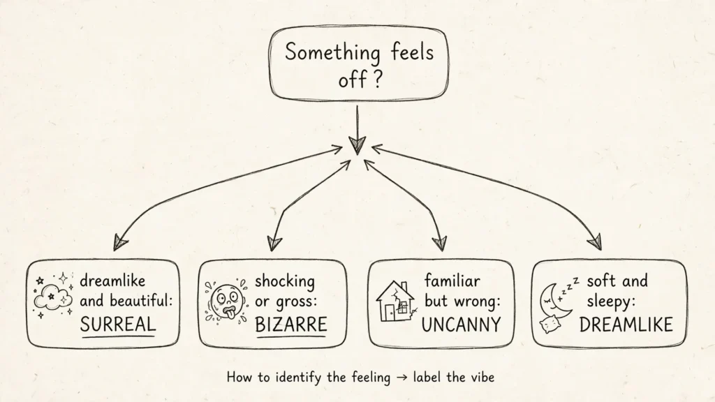 Flowchart diagram helping readers choose between surreal, bizarre, uncanny, and dreamlike