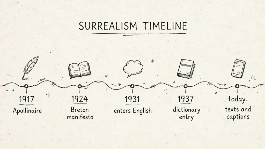 Illustrated timeline of the word surreal from 1917 to today