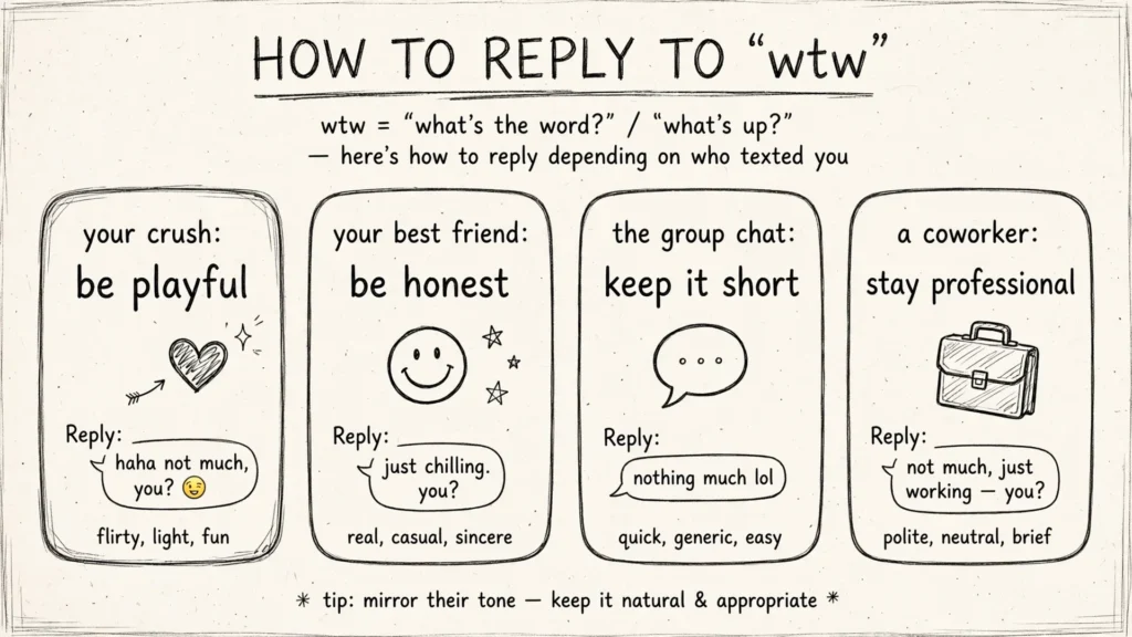 Diagram showing how to reply to wtw for a crush, a friend, a group chat, and a coworker