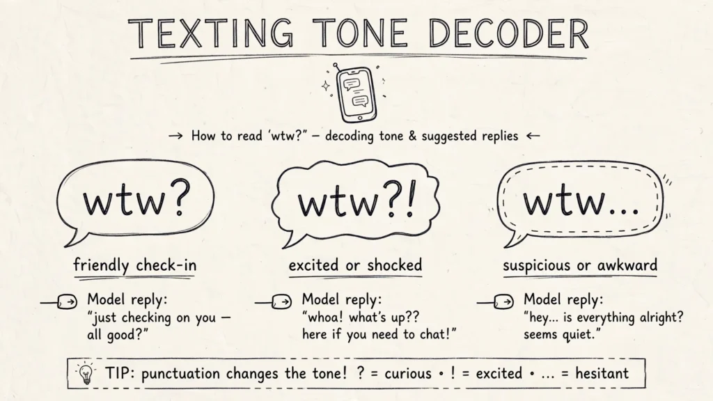 Flowchart diagram decoding what wtw means based on punctuation, timing, and who sent it